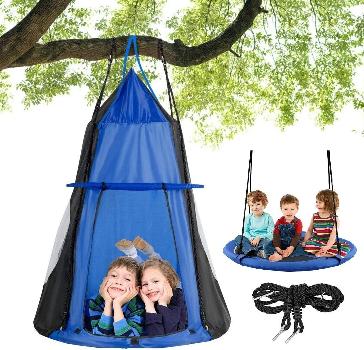 Costzon 2 in 1 Kids Detachable Hanging Chair Swing Tent Set, Hammock Nest Pod Hanging Swing Seat for Boys/Girls, Children Outdoor Indoor Swing Play House with Play Tent, Max Capacity 330 LBS (Blue)