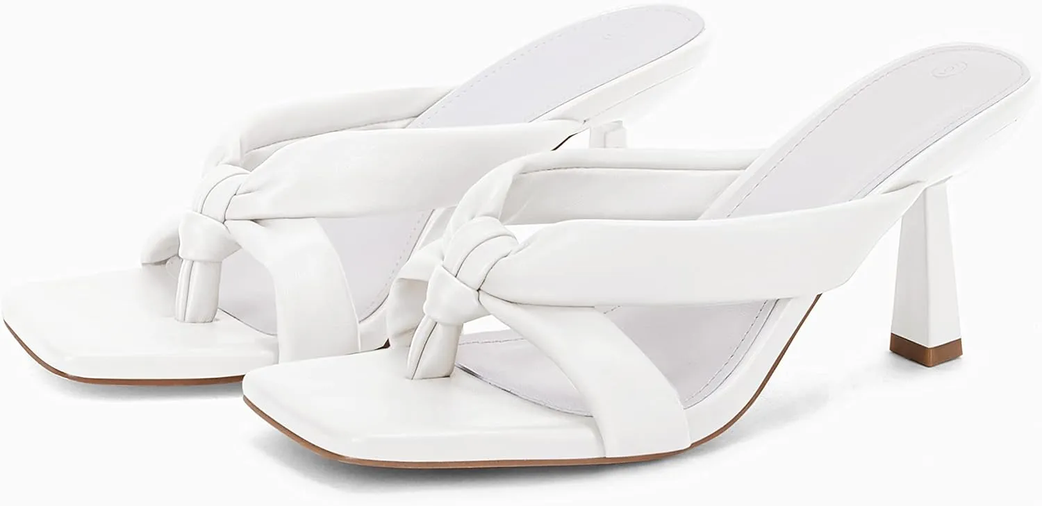 Coutgo Womens Thong Heels Mules Square Toe Heeled Flip Flops Mule Sexy Stiletto Dress Party Sandals