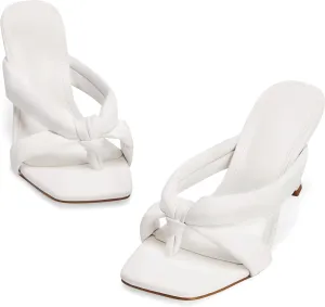 Coutgo Womens Thong Heels Mules Square Toe Heeled Flip Flops Mule Sexy Stiletto Dress Party Sandals