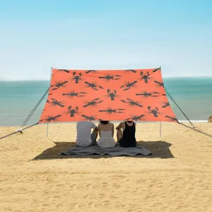 Crayfish Pattern Beach Canopy Tent Anti-UV & Wind Resistant, Red Background Camping Sun Shelter Easy Setup Portable,Outdoor Shade Tents with Sandbags,Sand Shovels,Ground Pegs & Stability Poles