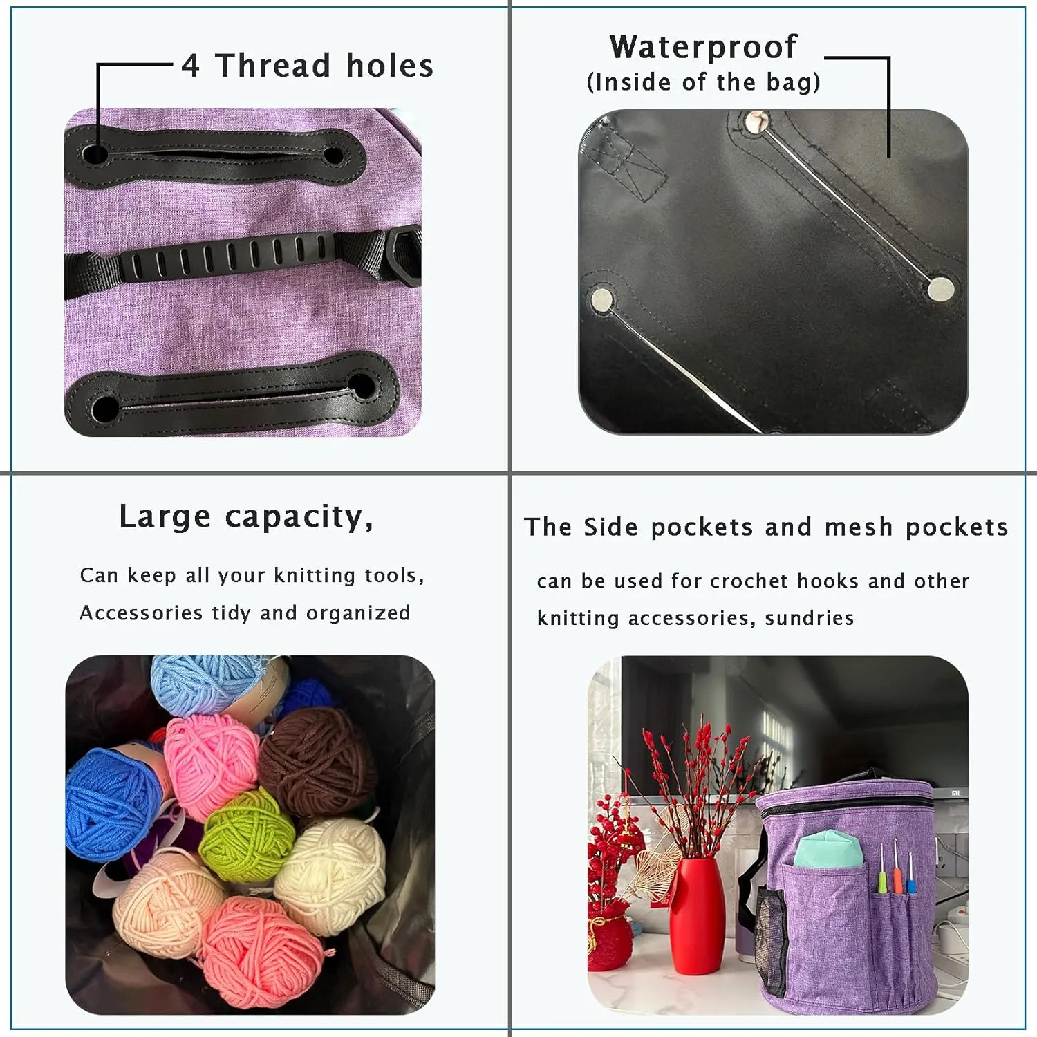 Crochet Bag Organizer,Large Capacity Knitting Bag,Yarn Organizer for Crochet Accessories and Supplies,Big Yarn Bag,Yarn Storage bag with Shoulder Strap-Only bag.(Purple)