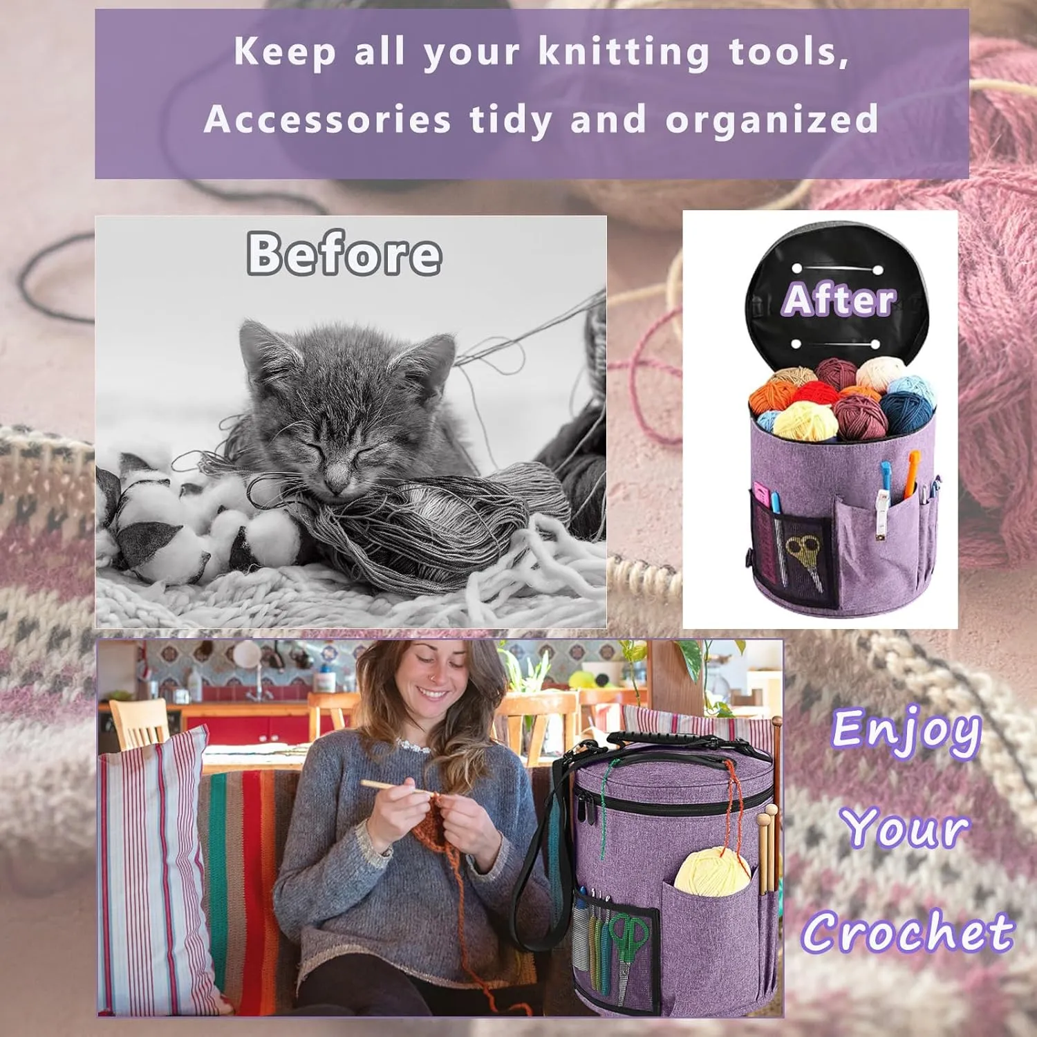 Crochet Bag Organizer,Large Capacity Knitting Bag,Yarn Organizer for Crochet Accessories and Supplies,Big Yarn Bag,Yarn Storage bag with Shoulder Strap-Only bag.(Purple)