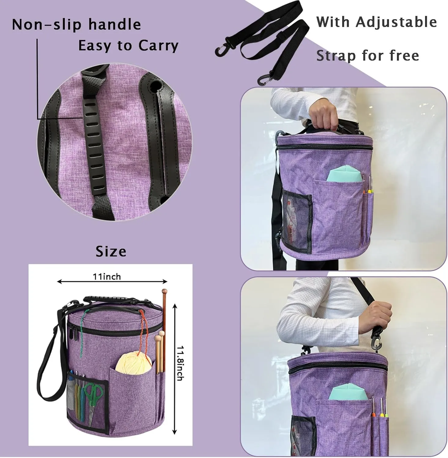 Crochet Bag Organizer,Large Capacity Knitting Bag,Yarn Organizer for Crochet Accessories and Supplies,Big Yarn Bag,Yarn Storage bag with Shoulder Strap-Only bag.(Purple)