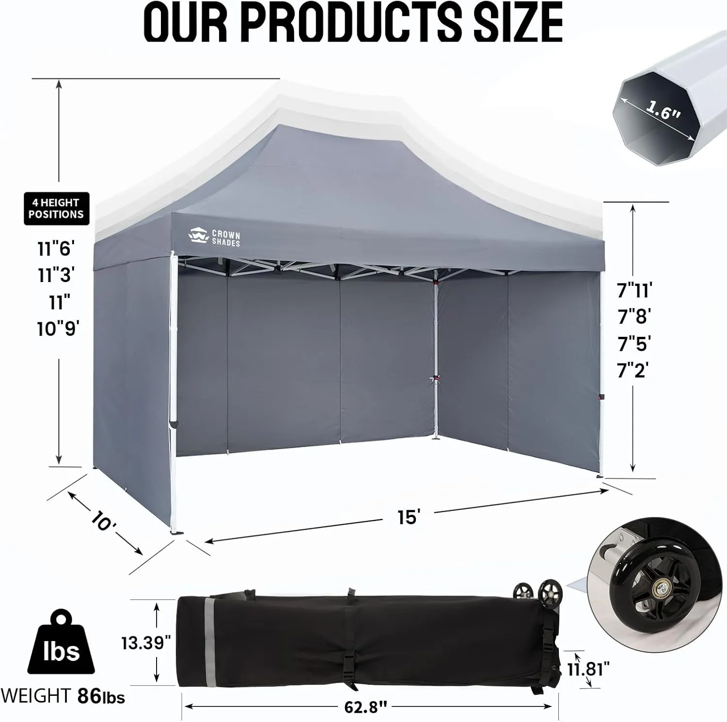 CROWN SHADES 10x15 Pop Up Canopy Tent, Thicken Frame Commercial Heavy Duty Tent with 4 Sidewalls 8 Stakes & 4 Sandbags & 4 Ropes, Outdoor Canopies for Events, Parties,Grey