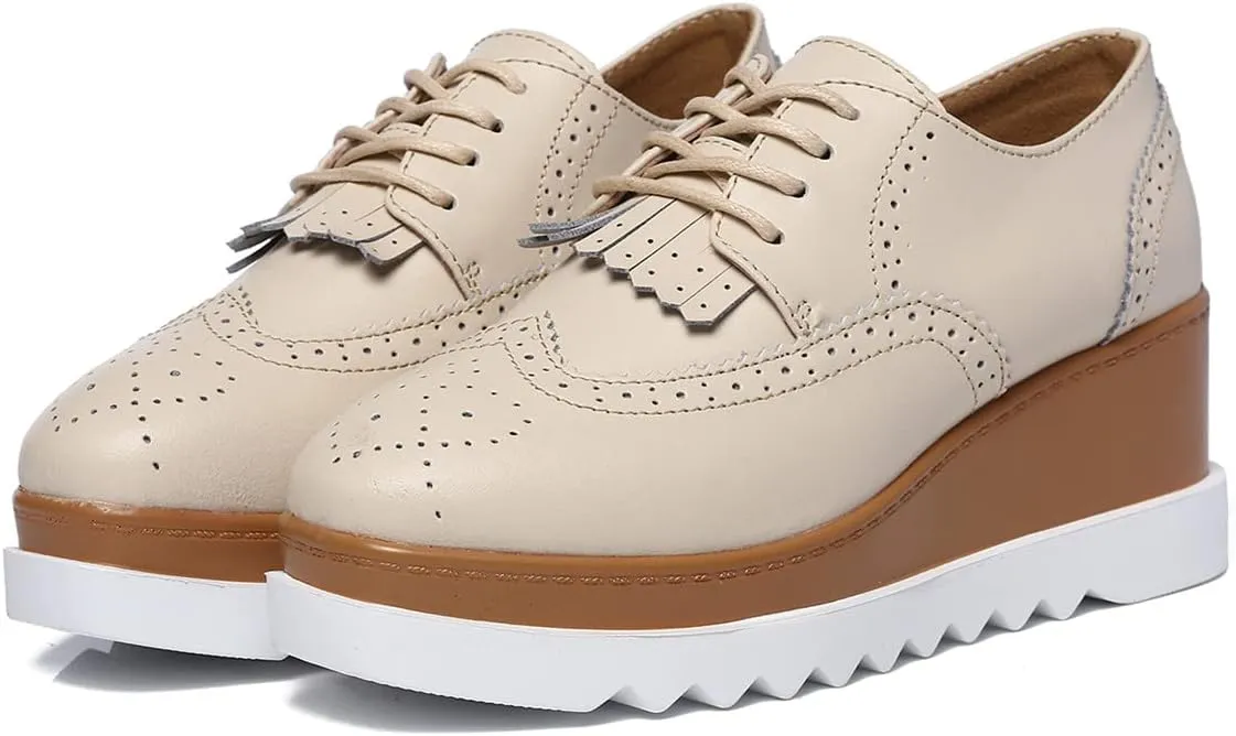 DADAWEN Women's Fashion Tassels Square-Toe Lace-up Platform Wedge Oxford Shoes