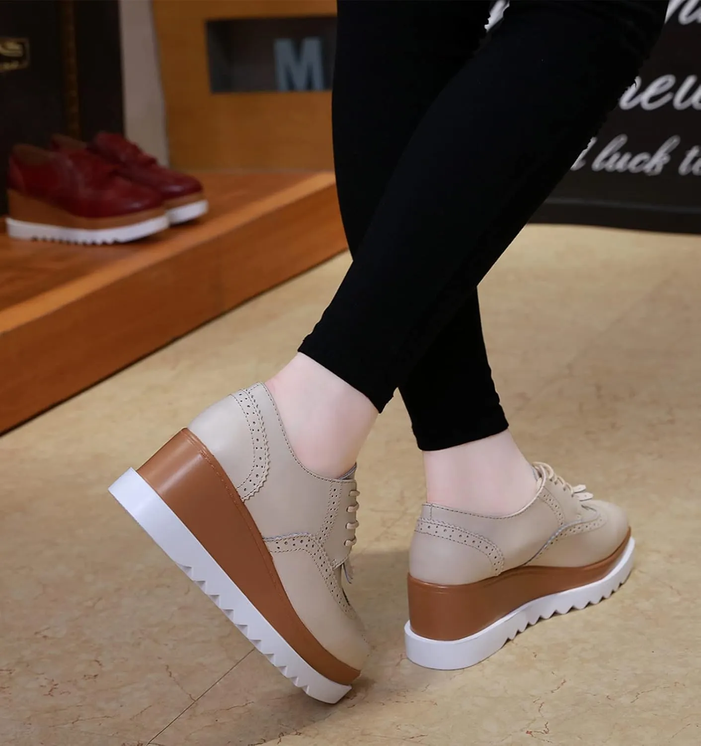 DADAWEN Women's Fashion Tassels Square-Toe Lace-up Platform Wedge Oxford Shoes