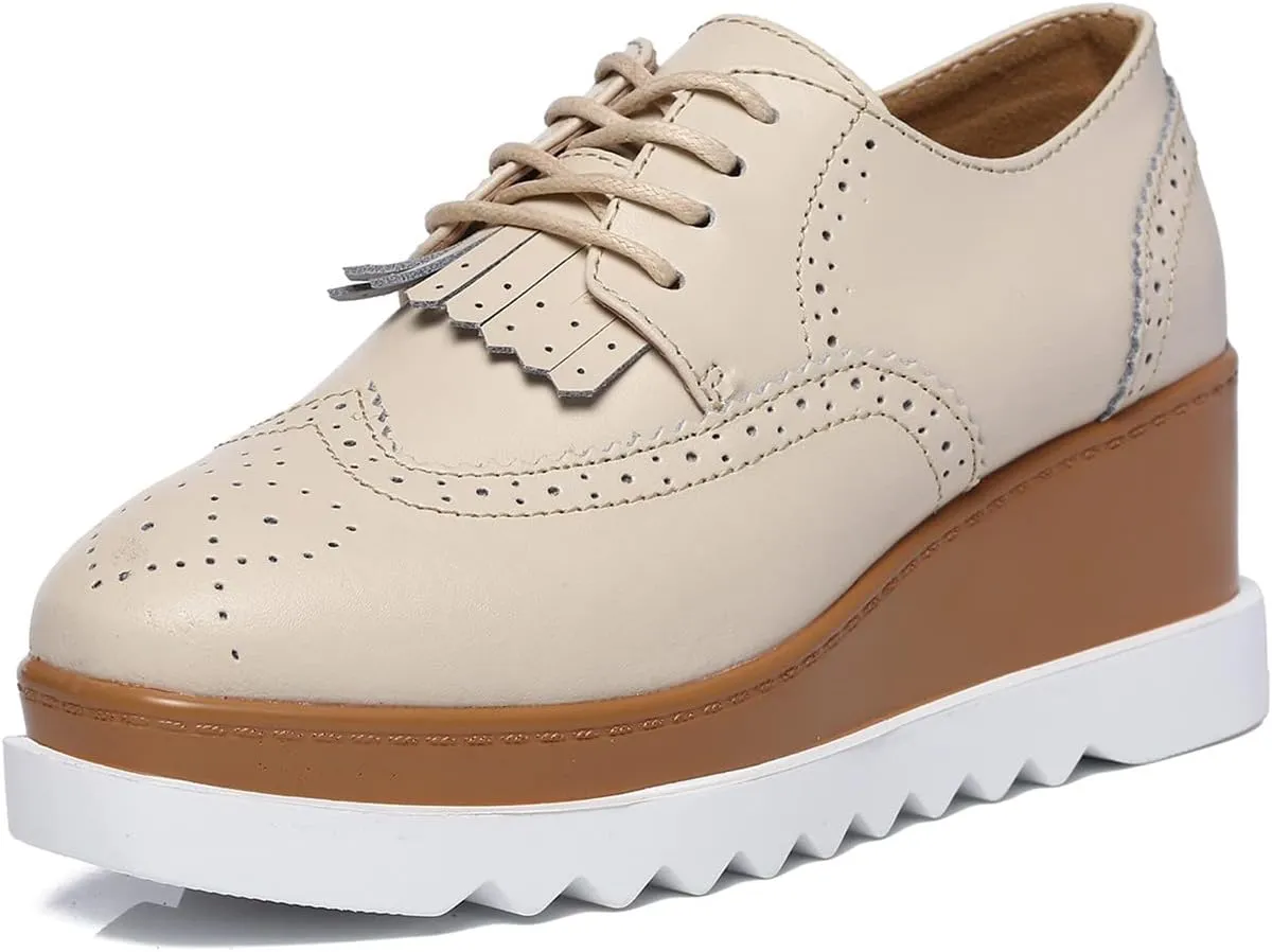 DADAWEN Women's Fashion Tassels Square-Toe Lace-up Platform Wedge Oxford Shoes