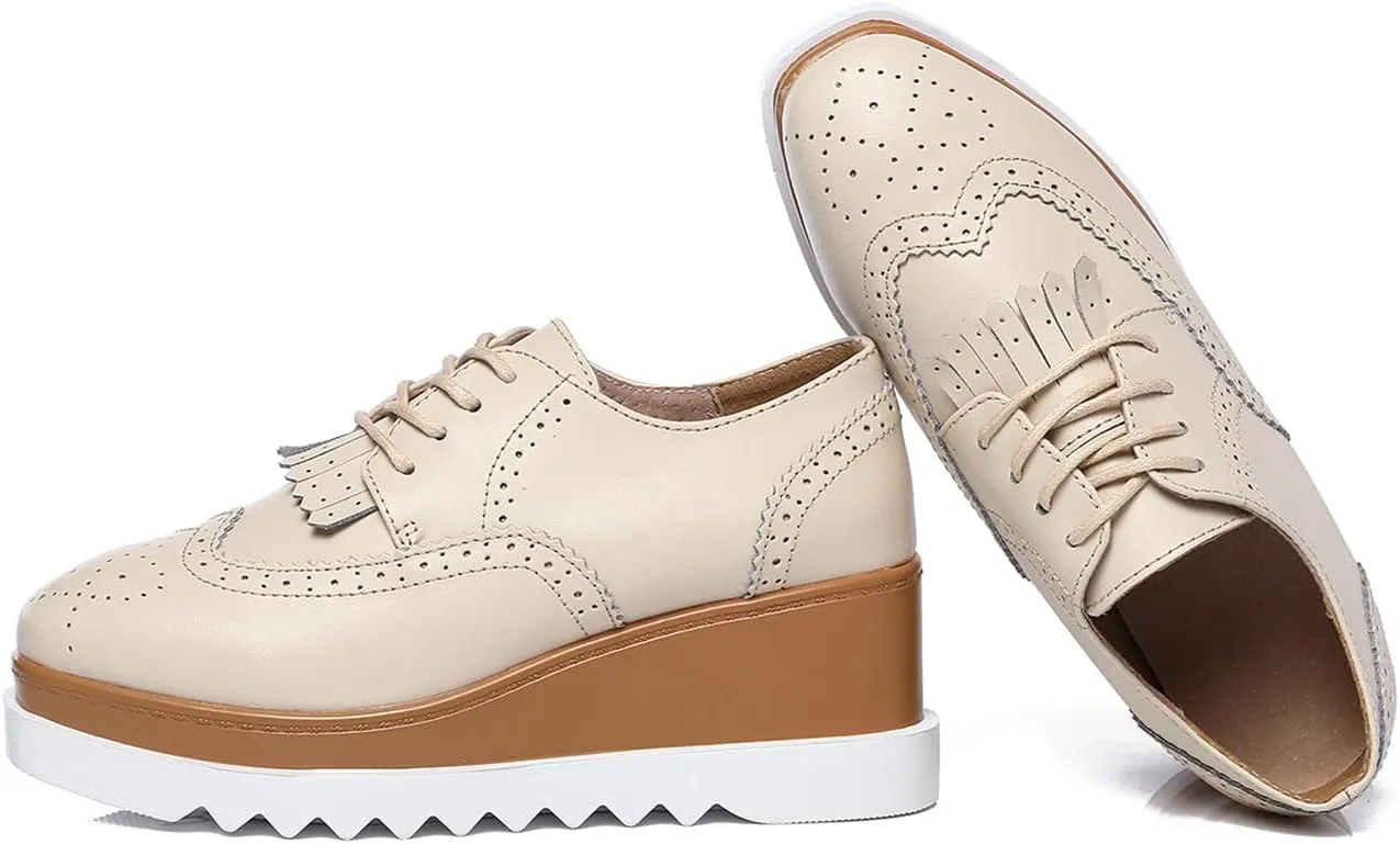 DADAWEN Women's Fashion Tassels Square-Toe Lace-up Platform Wedge Oxford Shoes