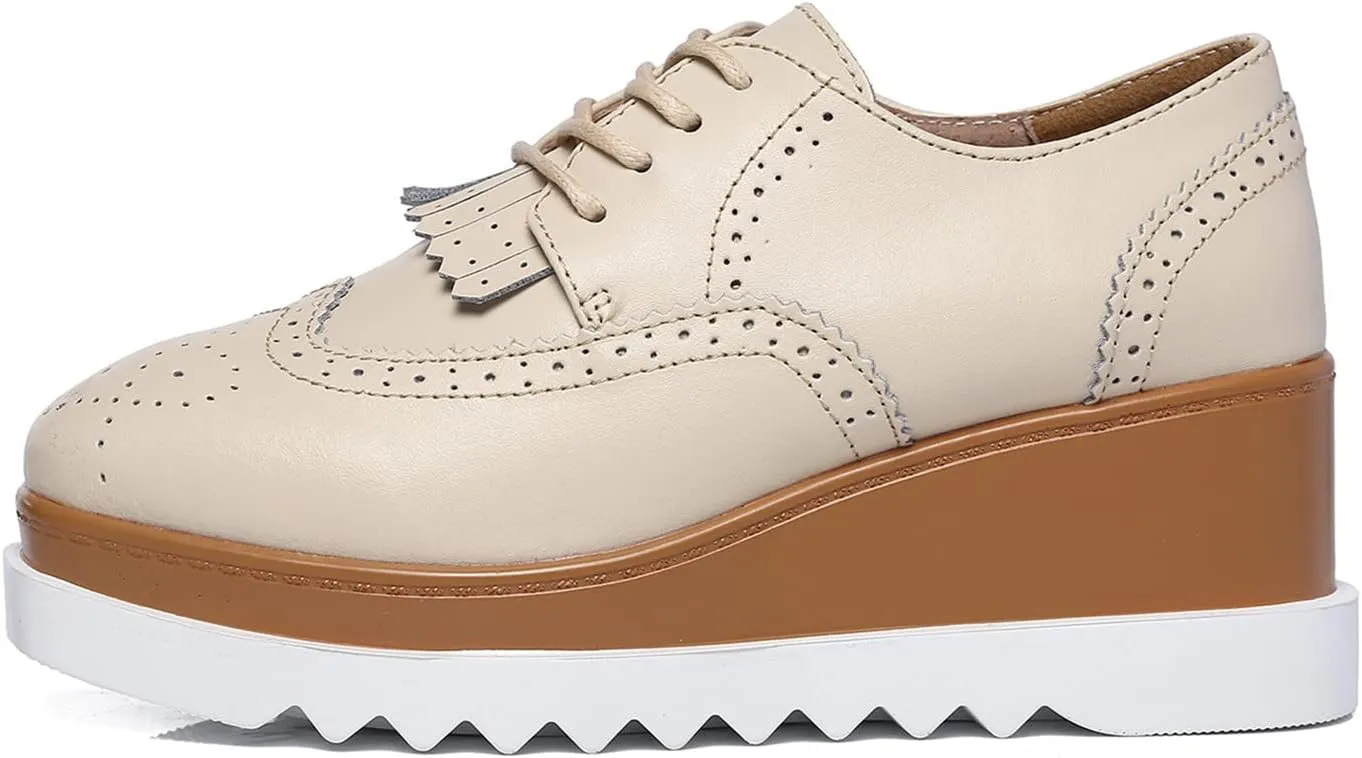 DADAWEN Women's Fashion Tassels Square-Toe Lace-up Platform Wedge Oxford Shoes