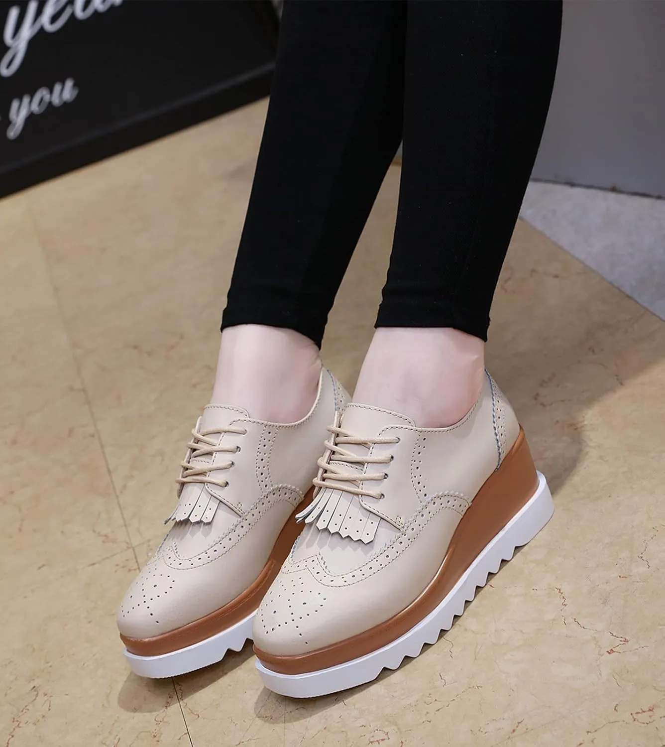 DADAWEN Women's Fashion Tassels Square-Toe Lace-up Platform Wedge Oxford Shoes