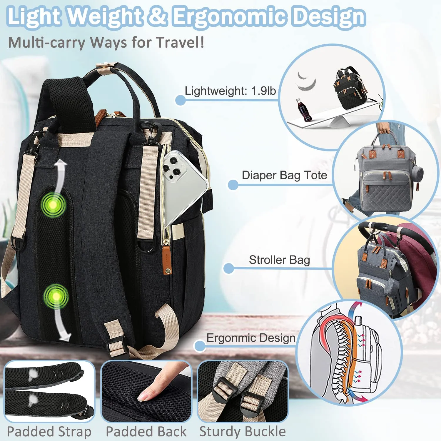 Diaper Bag Backpack Baby Bag, Baby Girl Boy Diaper Bag for Dad Mom with Pad, 16 Pockets, Pacifier Case, Large Diaper Bags Unisex for Travel (Black)