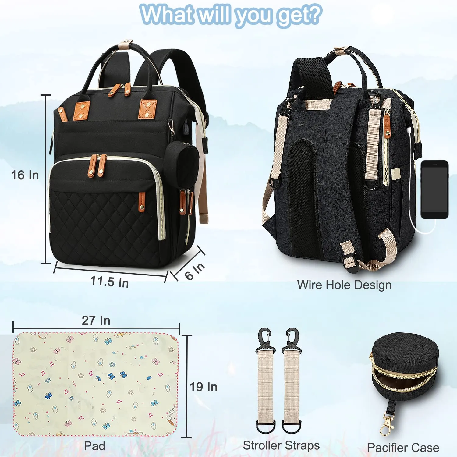 Diaper Bag Backpack Baby Bag, Baby Girl Boy Diaper Bag for Dad Mom with Pad, 16 Pockets, Pacifier Case, Large Diaper Bags Unisex for Travel (Black)