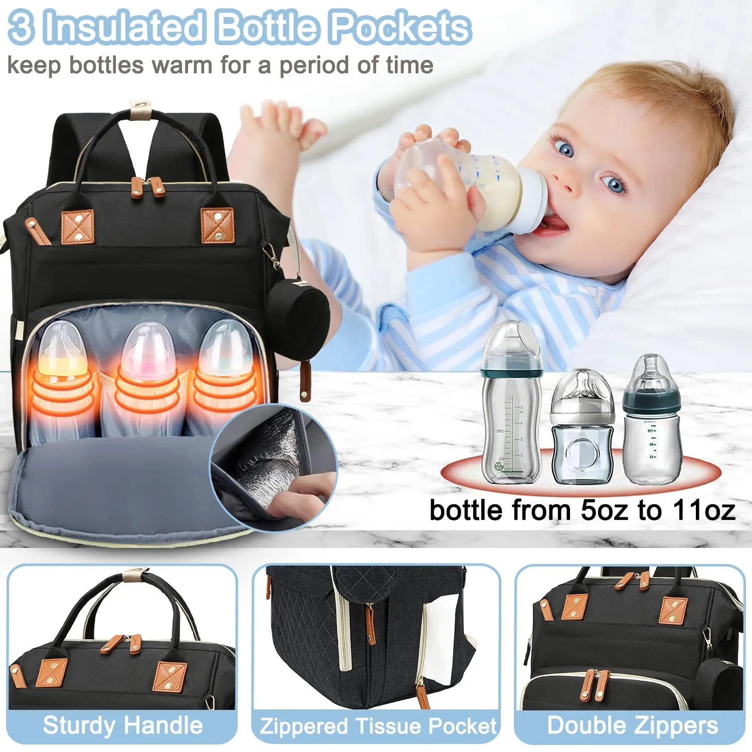 Diaper Bag Backpack Baby Bag, Baby Girl Boy Diaper Bag for Dad Mom with Pad, 16 Pockets, Pacifier Case, Large Diaper Bags Unisex for Travel (Black)