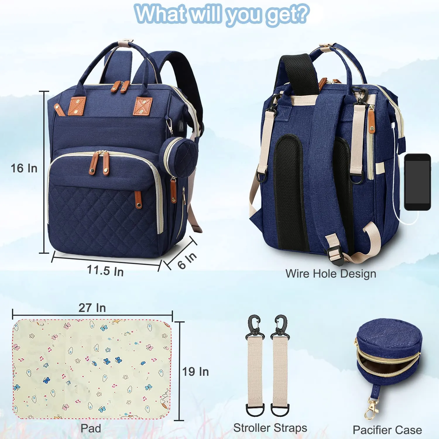 Diaper Bag Backpack Baby Bag, Baby Girl Boy Diaper Bag for Dad Mom with Pad, 16 Pockets, Pacifier Case, Large Diaper Bags Unisex for Travel (Blue)