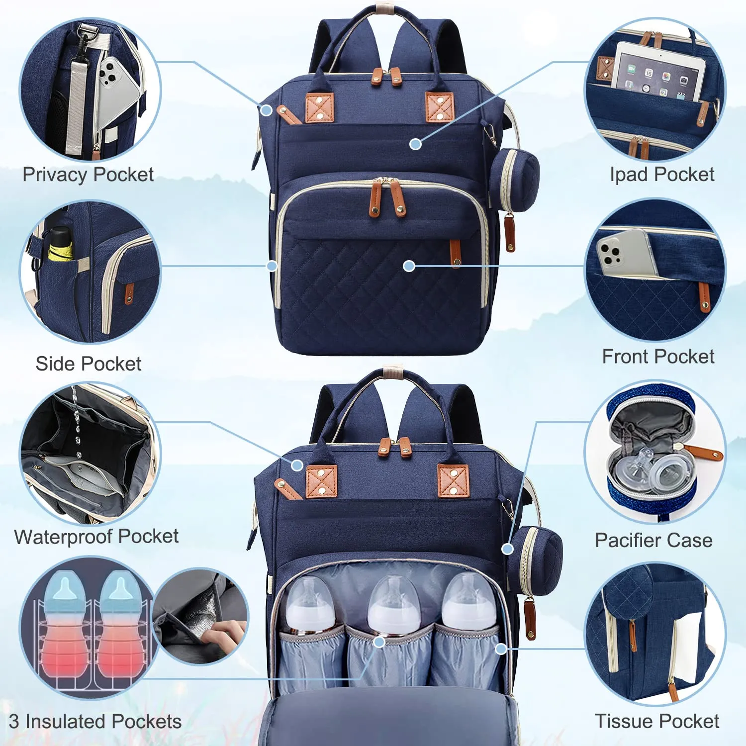 Diaper Bag Backpack Baby Bag, Baby Girl Boy Diaper Bag for Dad Mom with Pad, 16 Pockets, Pacifier Case, Large Diaper Bags Unisex for Travel (Blue)