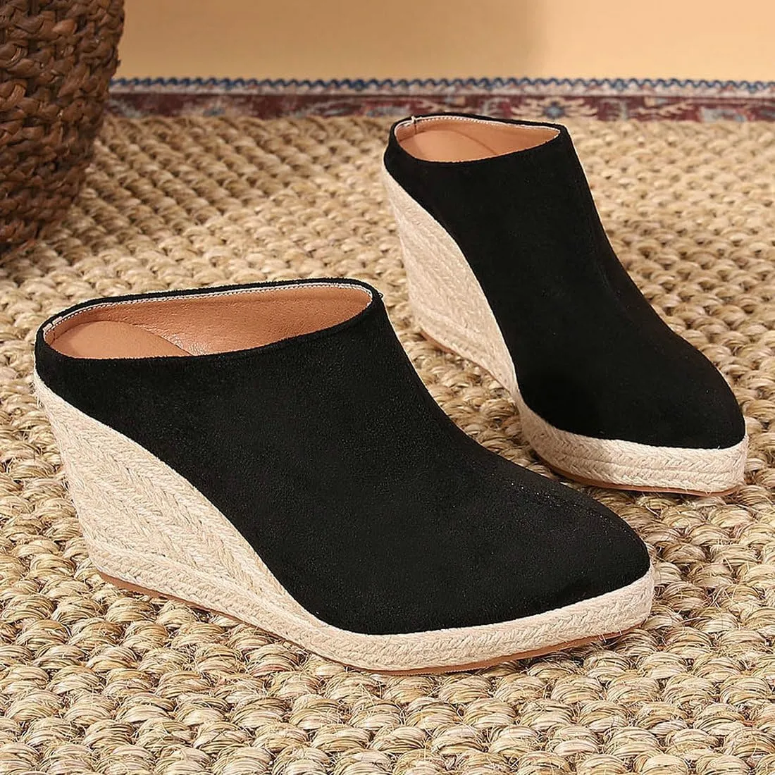 DINTAHA Closed Toe Wedges For Women,Pointed Toe Platform Wedge Mules,Espadrille Sandals For Women-Choose Half Size Larger
