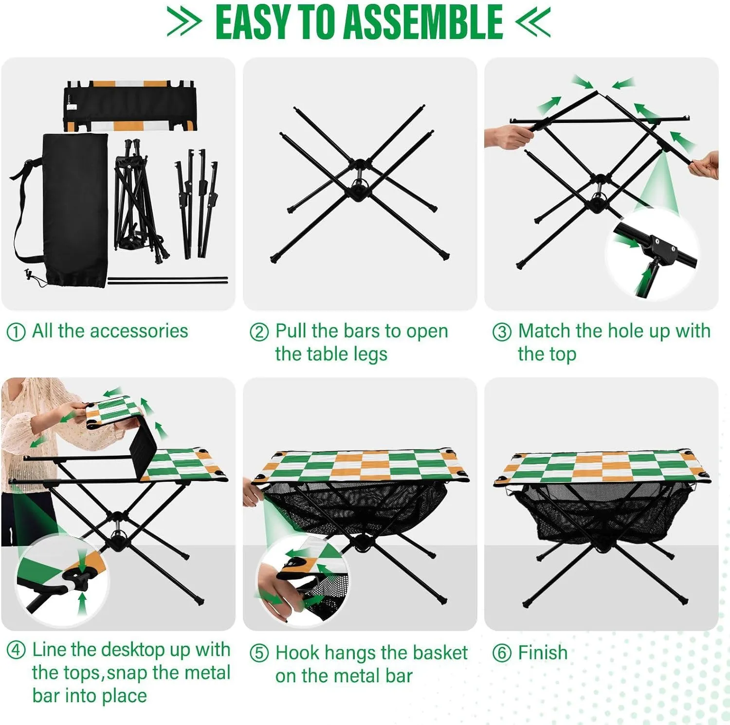 DOMIKING Checkboard Yellow Green Plaid Portable Camping Table Folding Picnic Tables with Carrying Storage Bag Beach Tables for Beach Camp Travel 23.6 * 15.6 * 15 in