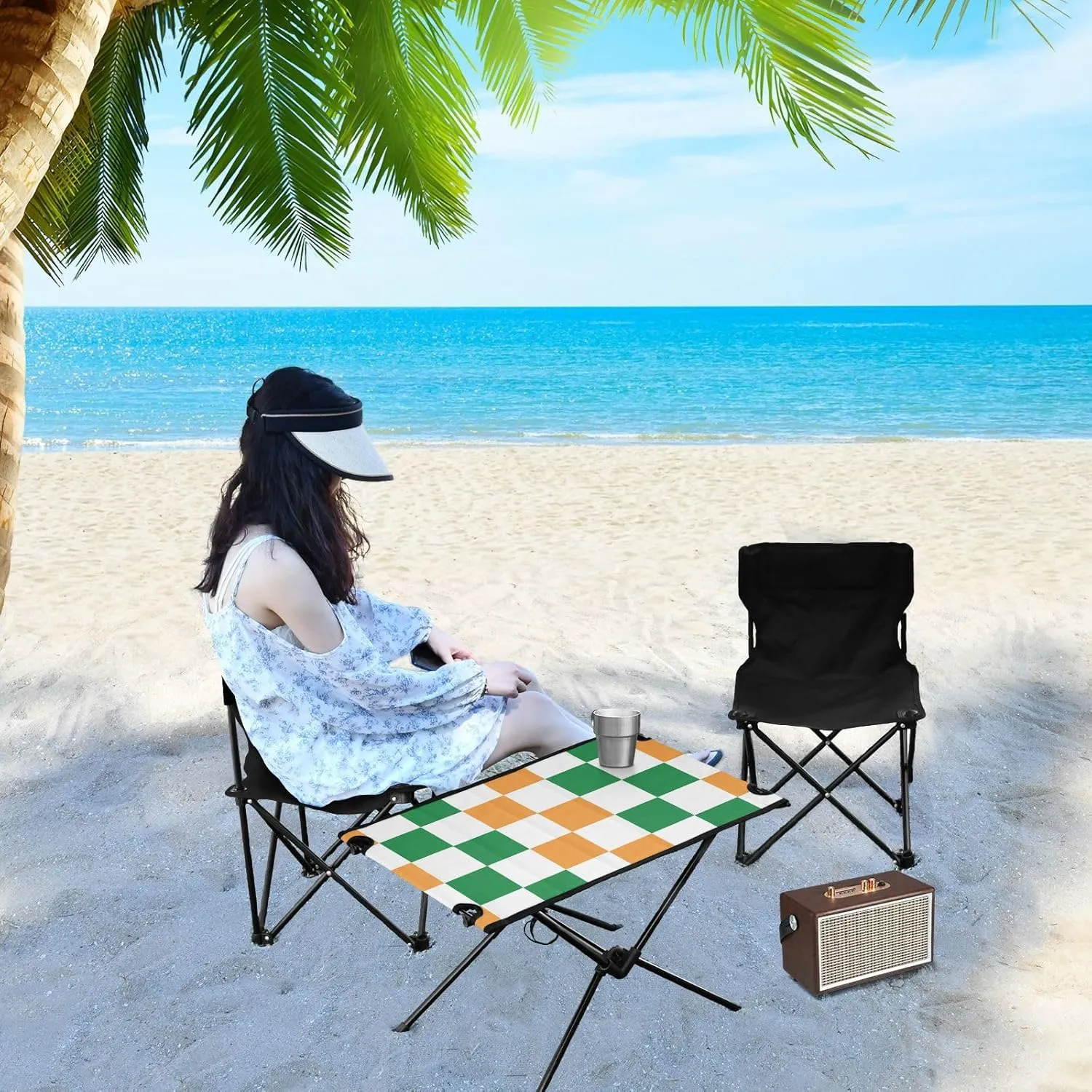 DOMIKING Checkboard Yellow Green Plaid Portable Camping Table Folding Picnic Tables with Carrying Storage Bag Beach Tables for Beach Camp Travel 23.6 * 15.6 * 15 in