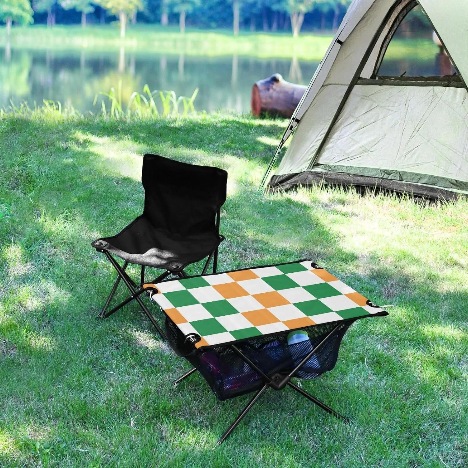DOMIKING Checkboard Yellow Green Plaid Portable Camping Table Folding Picnic Tables with Carrying Storage Bag Beach Tables for Beach Camp Travel 23.6 * 15.6 * 15 in
