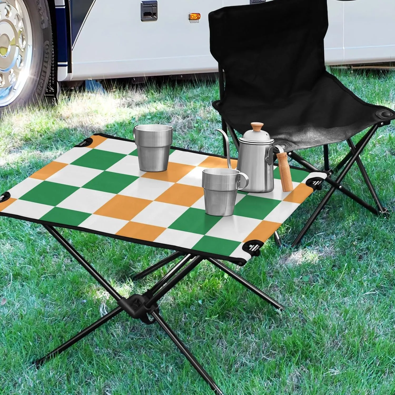 DOMIKING Checkboard Yellow Green Plaid Portable Camping Table Folding Picnic Tables with Carrying Storage Bag Beach Tables for Beach Camp Travel 23.6 * 15.6 * 15 in