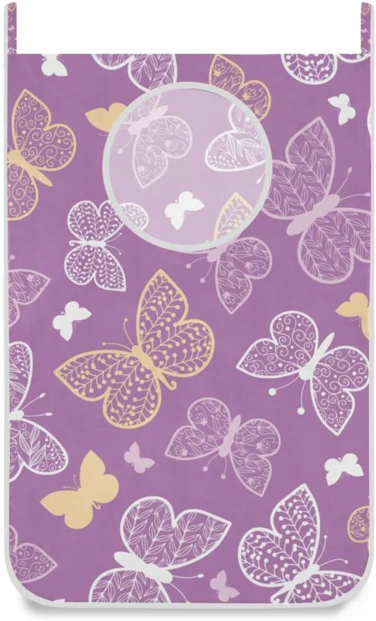Door Hanging Laundry Hamper Bag with Free Adjustable Stainless Steel Hooks Dirty Clothes Hamper Extra Large Over the Door Laundry Hamper Purple Butterfly 29.5X20inch 1 PCS