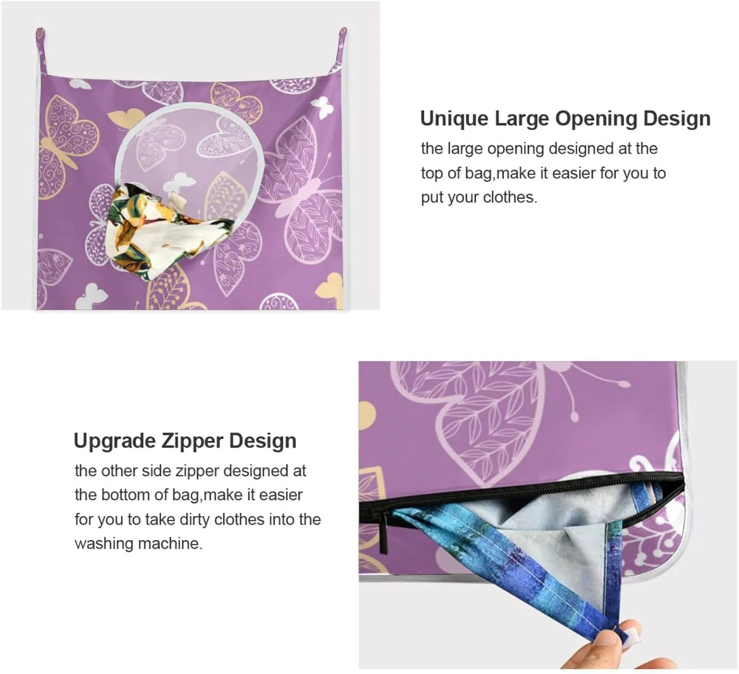 Door Hanging Laundry Hamper Bag with Free Adjustable Stainless Steel Hooks Dirty Clothes Hamper Extra Large Over the Door Laundry Hamper Purple Butterfly 29.5X20inch 1 PCS