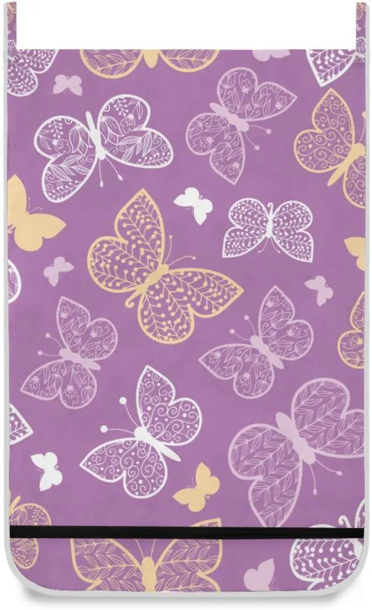 Door Hanging Laundry Hamper Bag with Free Adjustable Stainless Steel Hooks Dirty Clothes Hamper Extra Large Over the Door Laundry Hamper Purple Butterfly 29.5X20inch 1 PCS