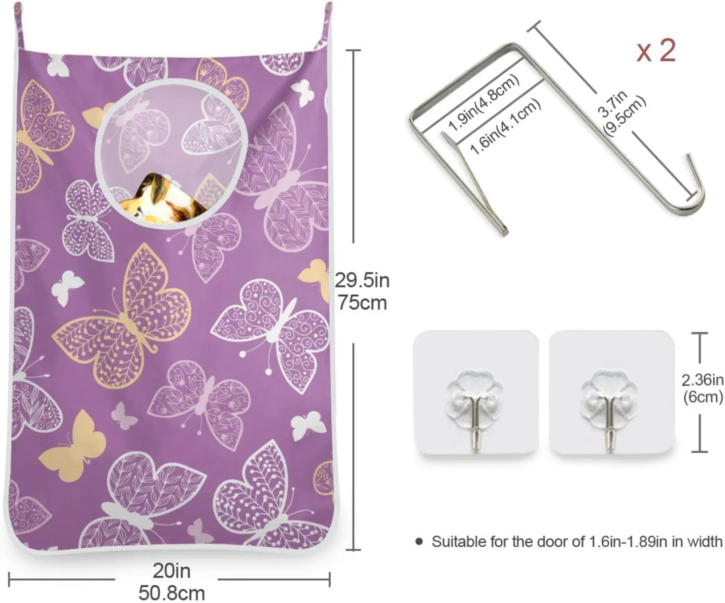 Door Hanging Laundry Hamper Bag with Free Adjustable Stainless Steel Hooks Dirty Clothes Hamper Extra Large Over the Door Laundry Hamper Purple Butterfly 29.5X20inch 1 PCS
