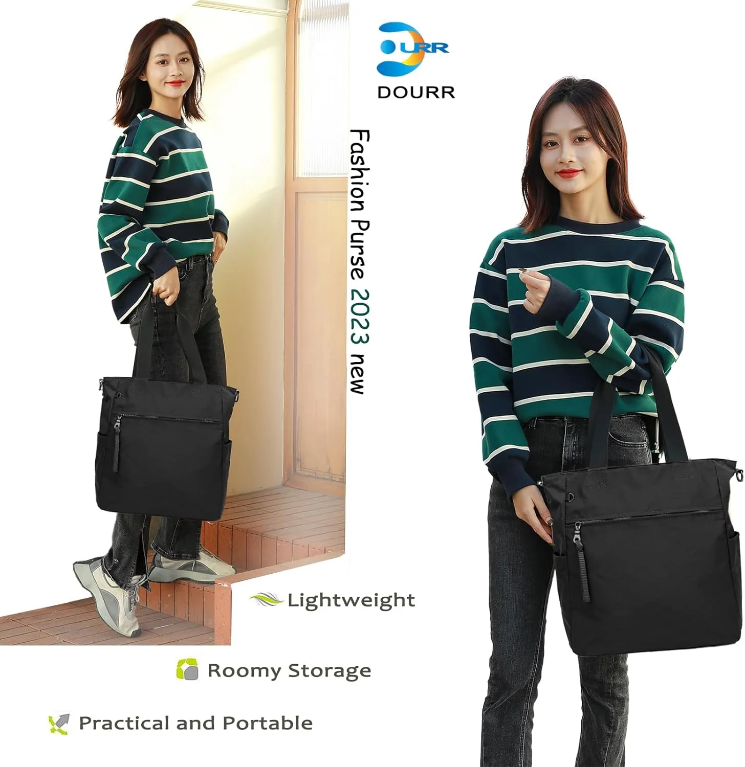 DOURR Light Nylon Shoulder Messenger Bag Casual Handbag Tote with Laptop Sleeve for College Work Travel