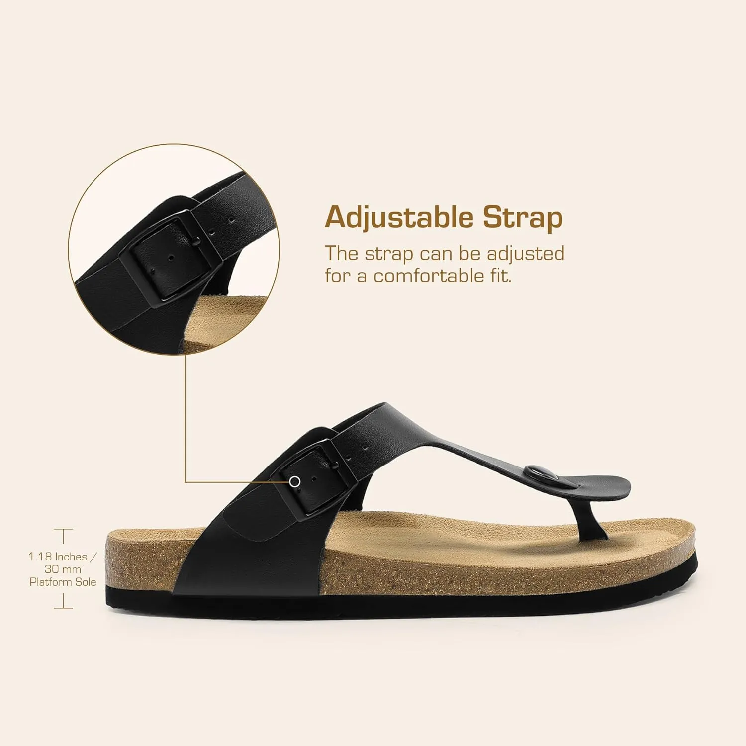 DREAM PAIRS Arch Support Thong Sandals for Women Casual Leather Flip Flops Dressy Slides with Soft Cork Footbed Adjustable Strap for Summer Beach Vacation
