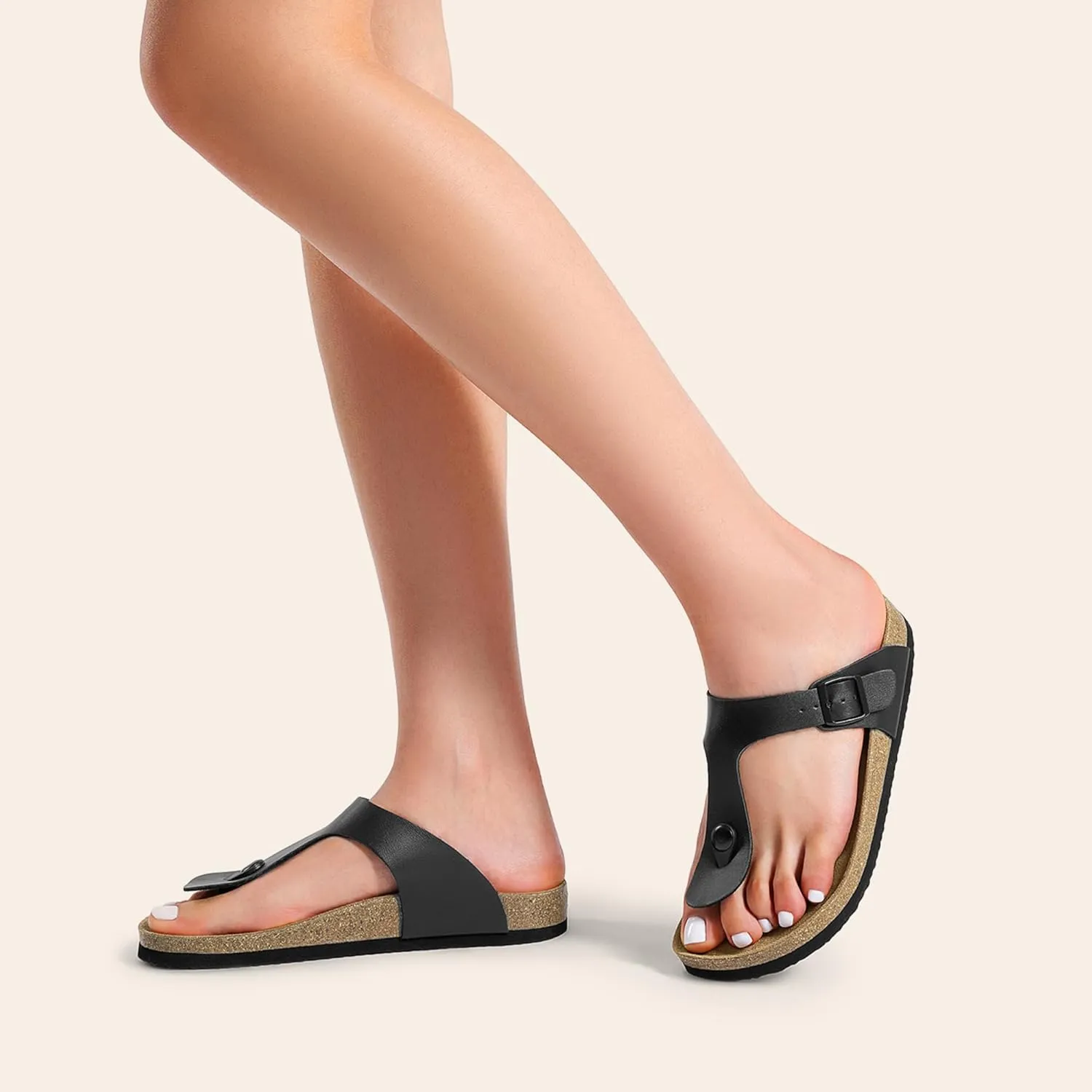 DREAM PAIRS Arch Support Thong Sandals for Women Casual Leather Flip Flops Dressy Slides with Soft Cork Footbed Adjustable Strap for Summer Beach Vacation