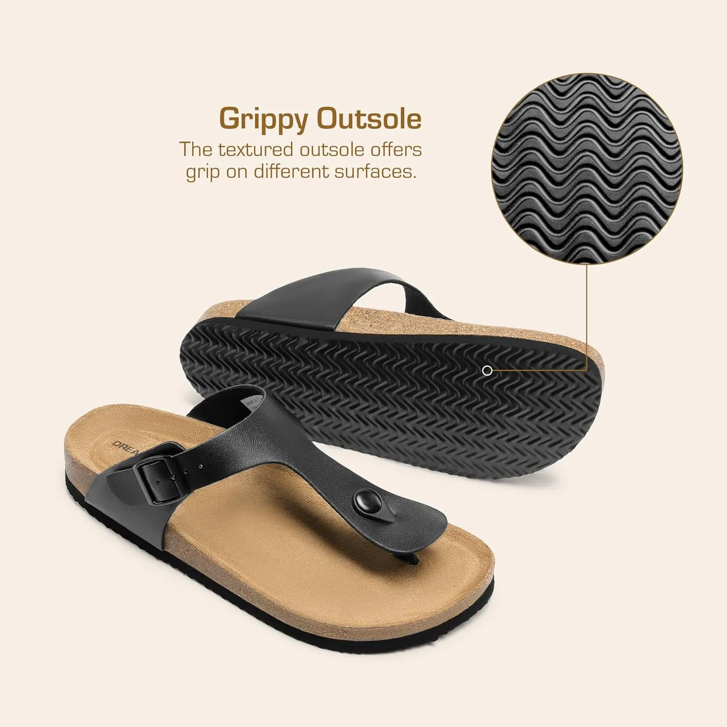 DREAM PAIRS Arch Support Thong Sandals for Women Casual Leather Flip Flops Dressy Slides with Soft Cork Footbed Adjustable Strap for Summer Beach Vacation