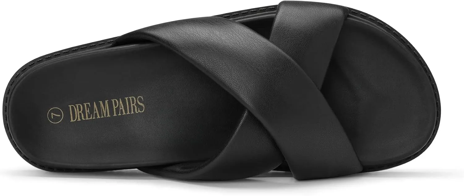 DREAM PAIRS Women's Crisscross Open Toe Slide Sandals Flat Comfort Slip on Sandals