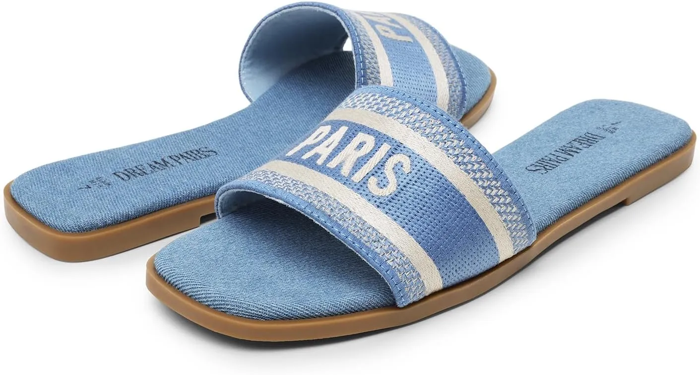 DREAM PAIRS Women's Flat Sandals Slip On Slides Sandals Square Open Toe Jacquard Braided Fashion Slides Casual Beach Slippers for Summer