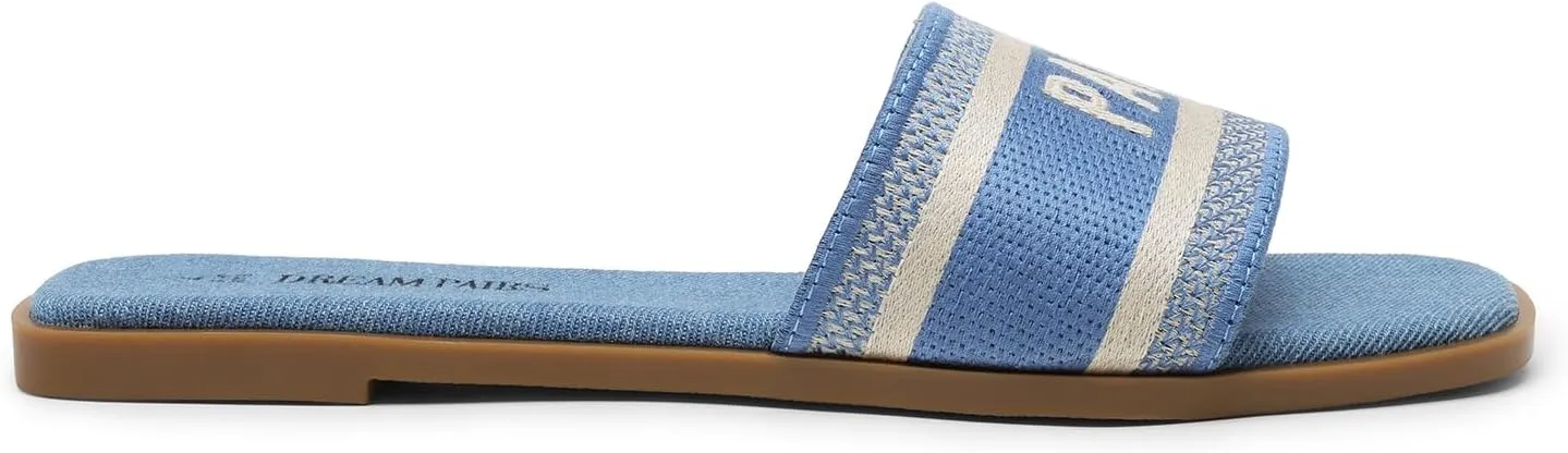 DREAM PAIRS Women's Flat Sandals Slip On Slides Sandals Square Open Toe Jacquard Braided Fashion Slides Casual Beach Slippers for Summer