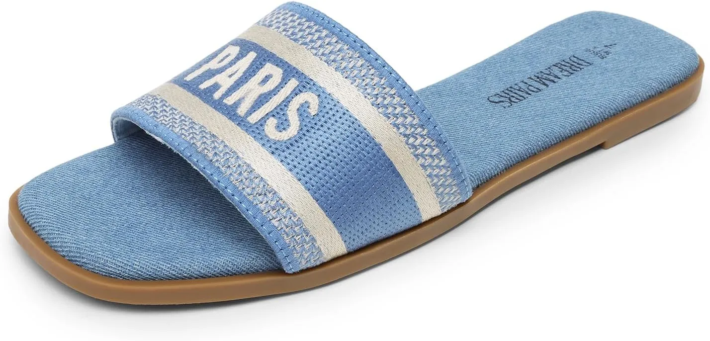 DREAM PAIRS Women's Flat Sandals Slip On Slides Sandals Square Open Toe Jacquard Braided Fashion Slides Casual Beach Slippers for Summer