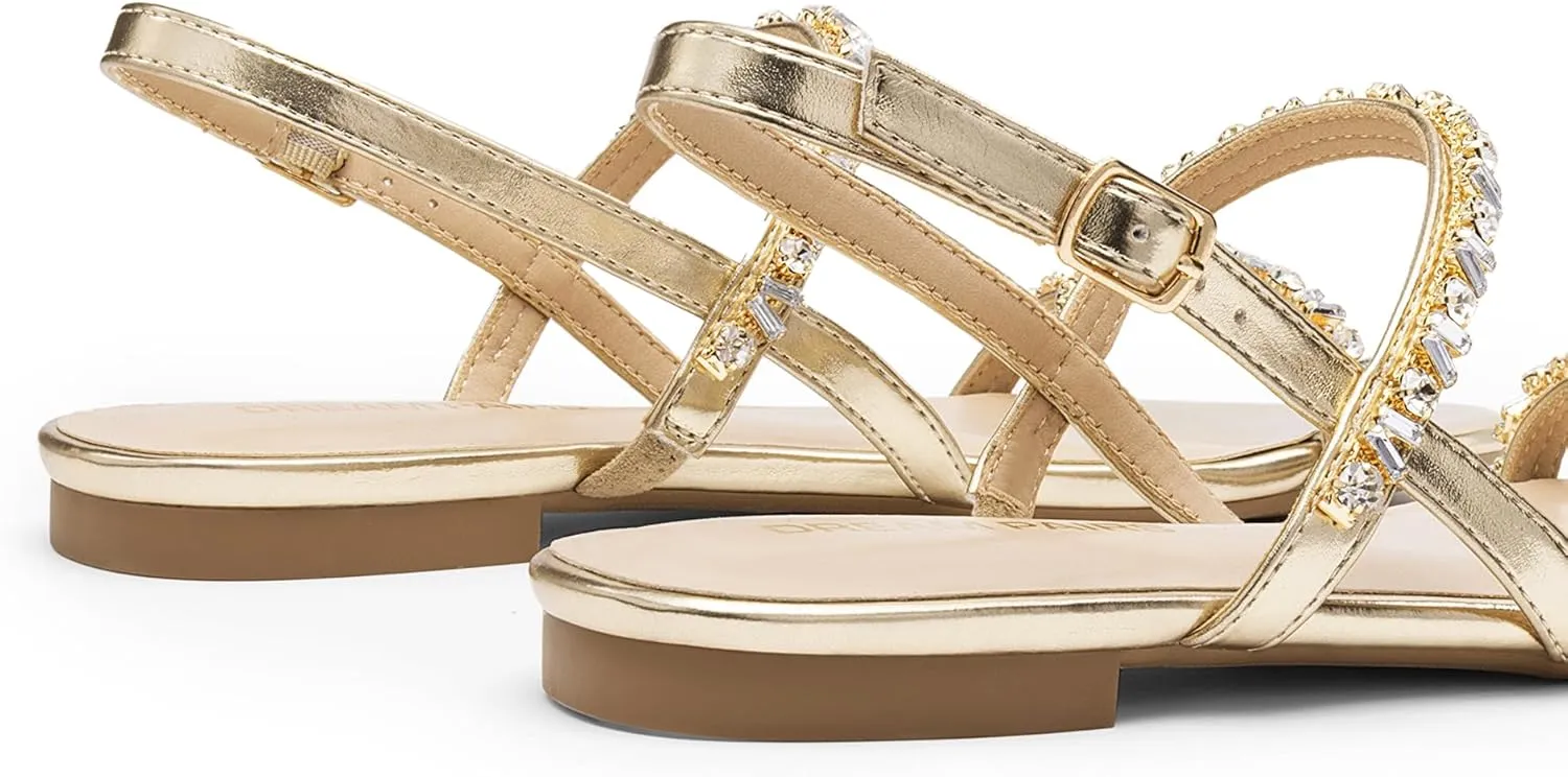 DREAM PAIRS Women's Rhinestone Sandals Open Toe Casual Dressy Sparkly Comfortable Flat Summer Shoes