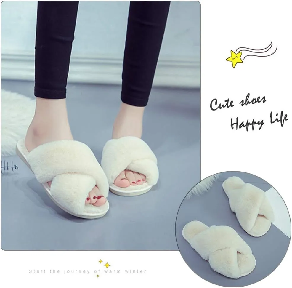 eccbox Women's Fluffy Furry Fuzzy Slippers Cross Band Soft Plush Flat Slide Memory Foam House Slippers Open Toe Comfy Spa Indoor Outdoor Slip On