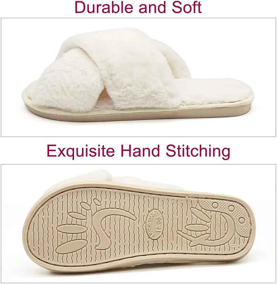eccbox Women's Fluffy Furry Fuzzy Slippers Cross Band Soft Plush Flat Slide Memory Foam House Slippers Open Toe Comfy Spa Indoor Outdoor Slip On