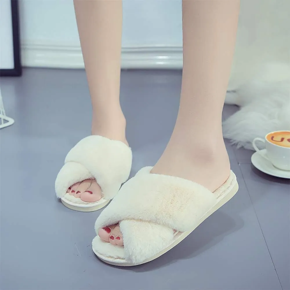 eccbox Women's Fluffy Furry Fuzzy Slippers Cross Band Soft Plush Flat Slide Memory Foam House Slippers Open Toe Comfy Spa Indoor Outdoor Slip On