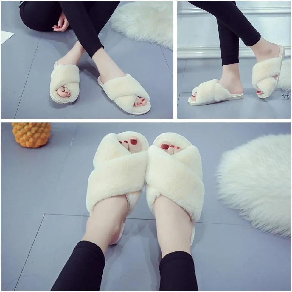 eccbox Women's Fluffy Furry Fuzzy Slippers Cross Band Soft Plush Flat Slide Memory Foam House Slippers Open Toe Comfy Spa Indoor Outdoor Slip On
