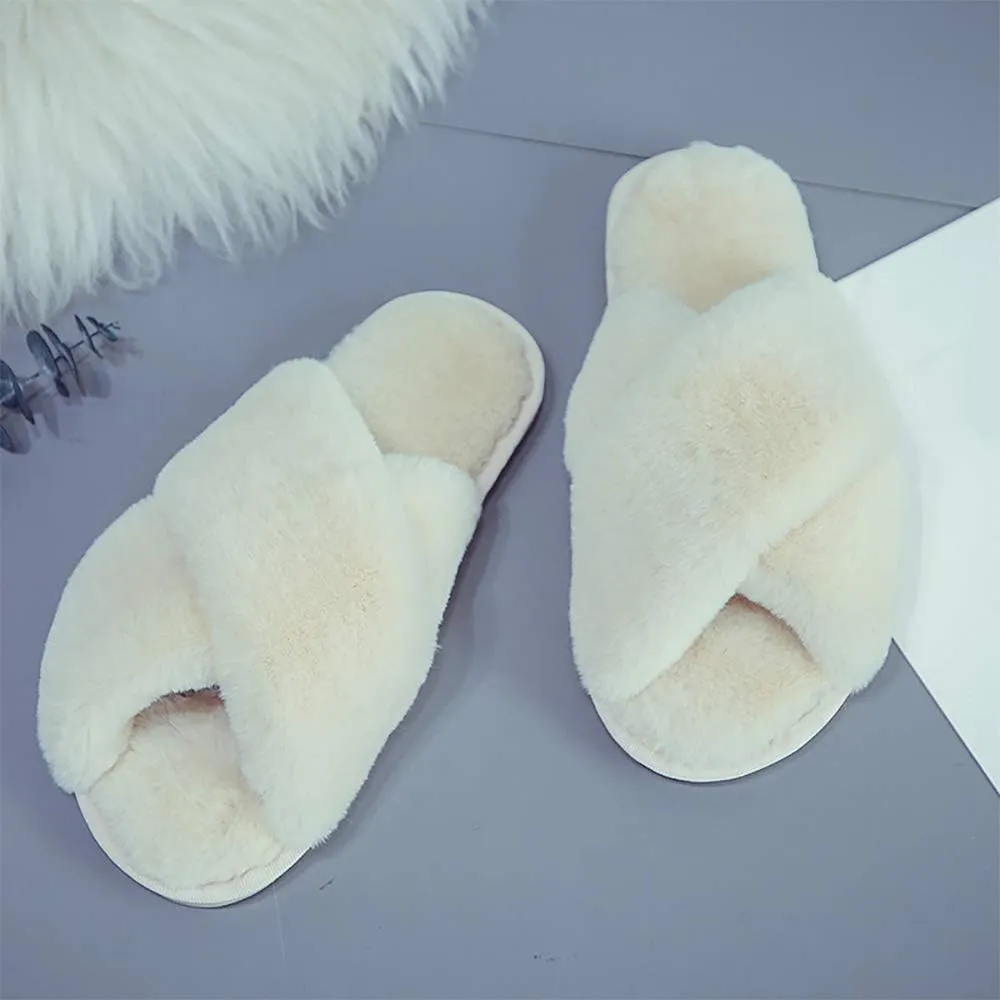 eccbox Women's Fluffy Furry Fuzzy Slippers Cross Band Soft Plush Flat Slide Memory Foam House Slippers Open Toe Comfy Spa Indoor Outdoor Slip On