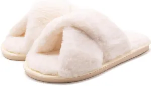 eccbox Women's Fluffy Furry Fuzzy Slippers Cross Band Soft Plush Flat Slide Memory Foam House Slippers Open Toe Comfy Spa Indoor Outdoor Slip On