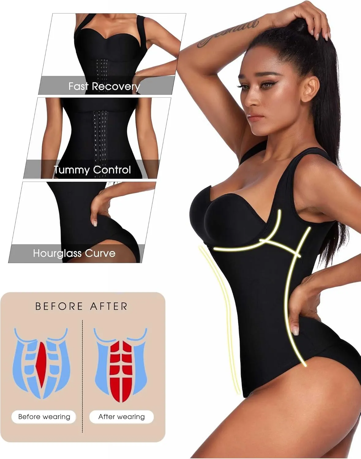 Ekouaer Women's Underbust Corset Waist Trainer Cincher Steel Boned Body Shaper Tummy Fat Burner S-4XL
