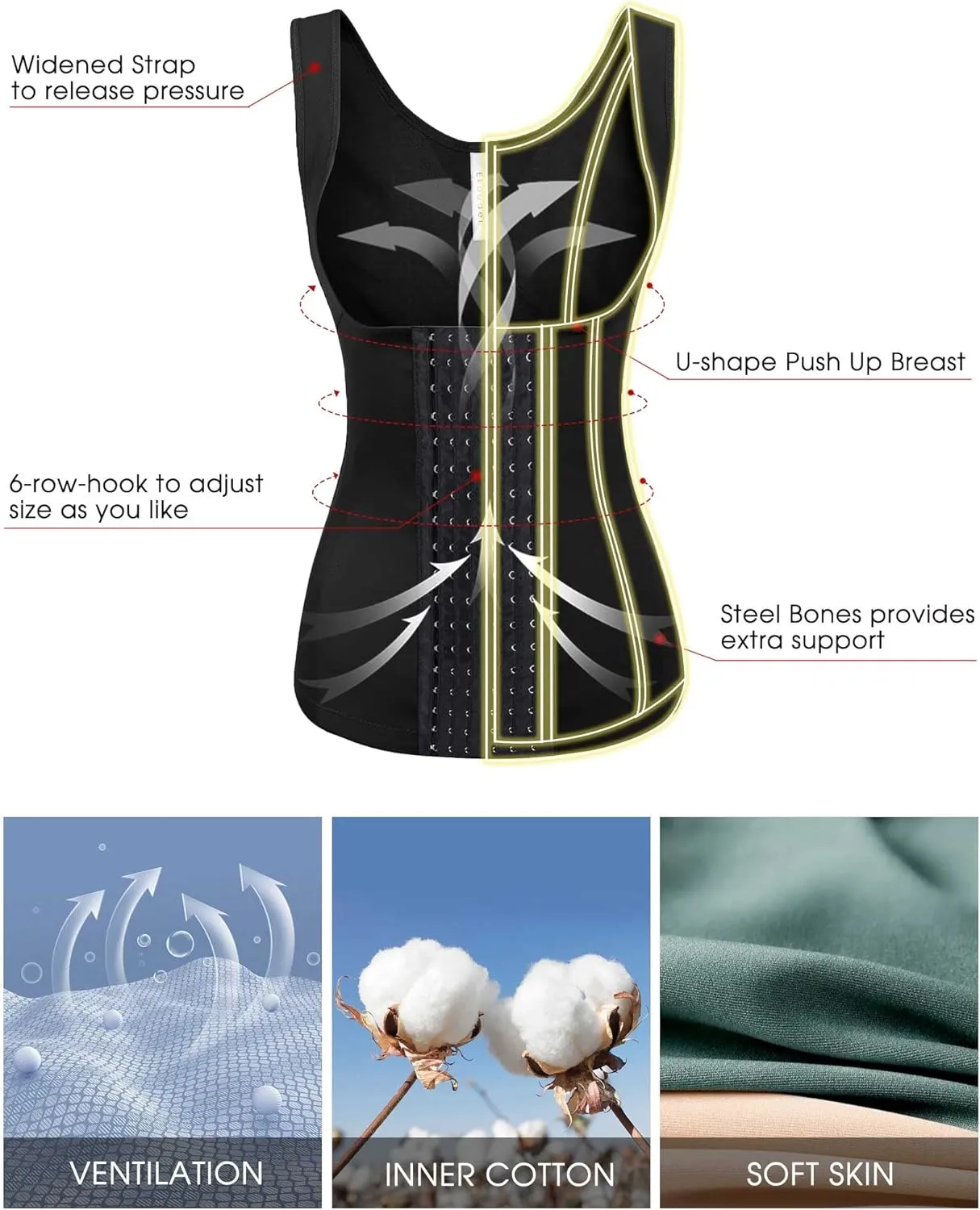 Ekouaer Women's Underbust Corset Waist Trainer Cincher Steel Boned Body Shaper Tummy Fat Burner S-4XL