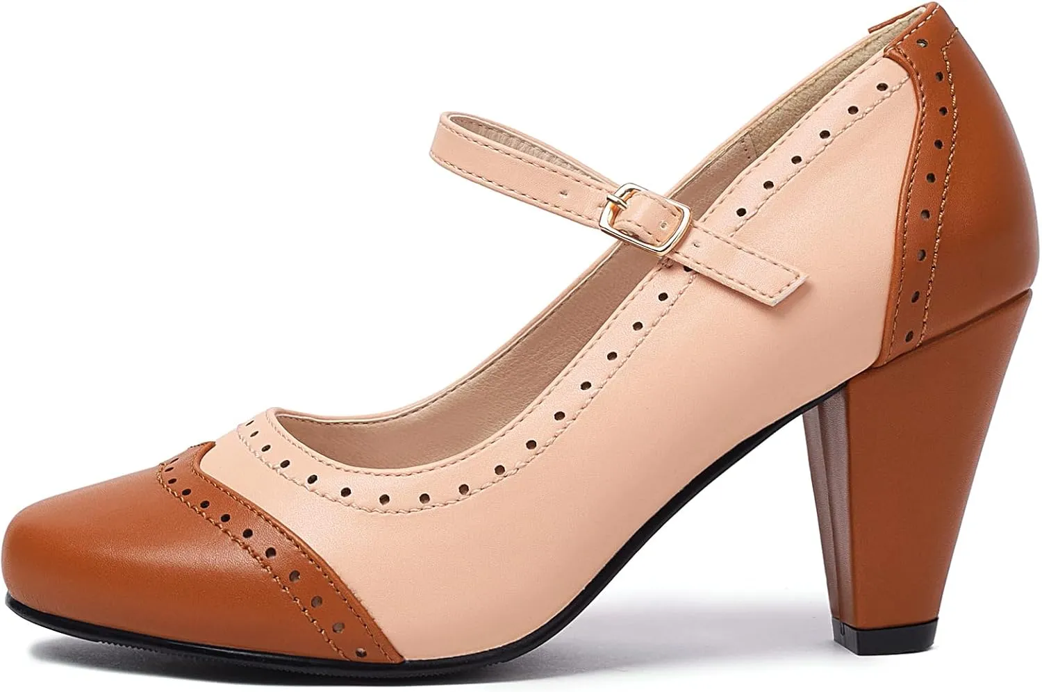 Elerhythm Women's Two Tone Mary Jane Classic and Retro 1920s Pump Heels Oxford Pattern 1950s Vintage Round Closed Toe Ankle Strap Dress Shoes
