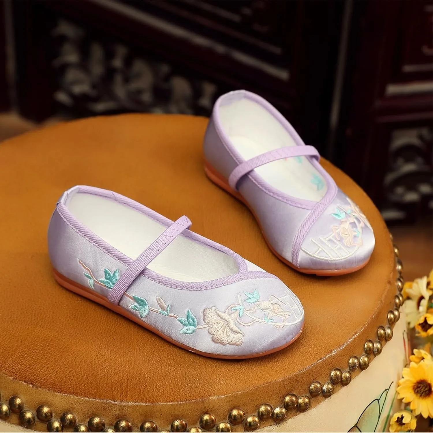 Encanto Costume Shoes Mary-Jane Flats Shoes Round Toe Low Wedge Ballet Flats Floral Embroidery Shoes for Girls Halloween Cosplay Dress Up