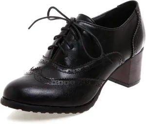 Erocalli Women's Oxford Shoes Chunky Mid-Heel Round Toe Lace Up Platform Oxfords Dress Pump Shoes Vintage Brogues Pumps Perforated Dress Shoes Saddle Oxfords