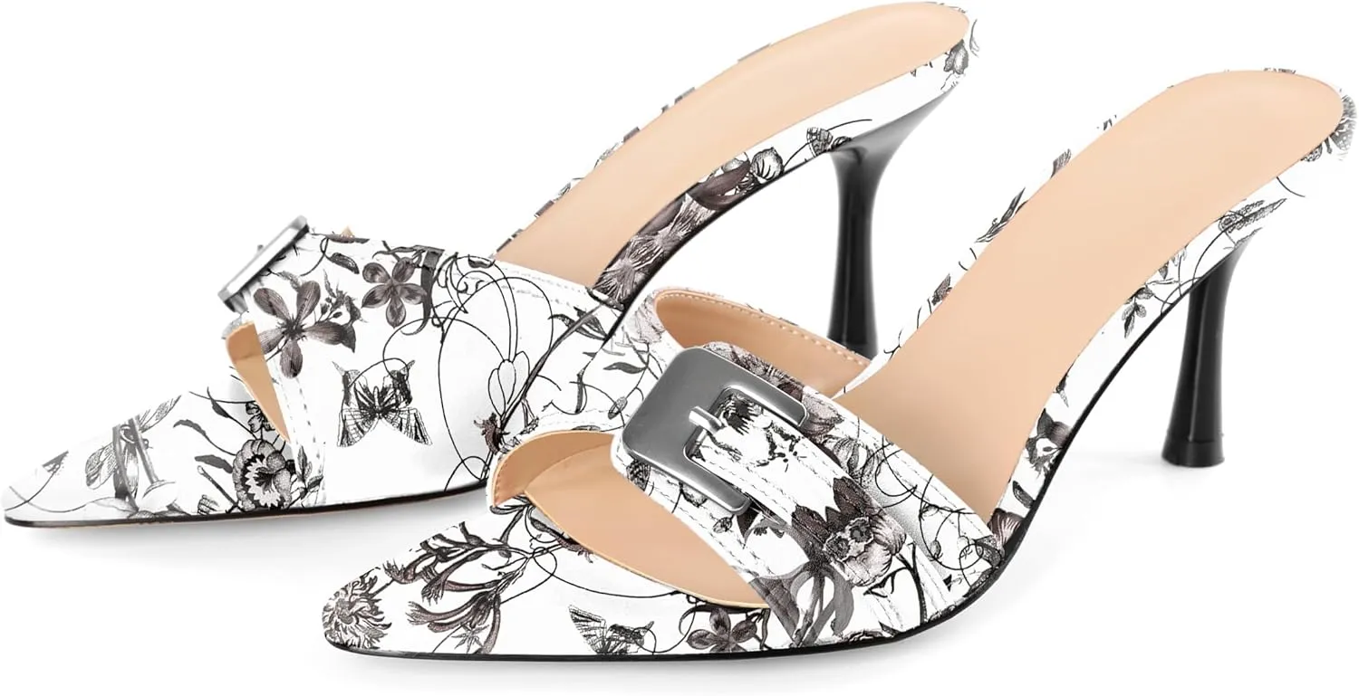 Esvowido Womens Mule Heels Pointed Open Toe Heeled Sandals 2.95 Inch Stiletto Mules with Buckle Work Party Wedding Summer Shoes
