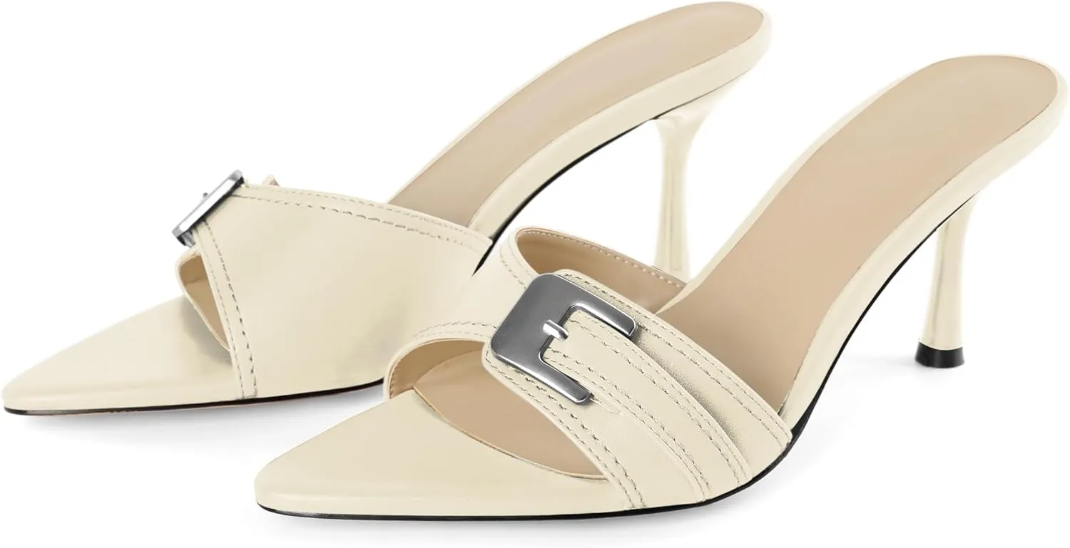 Esvowido Womens Mule Heels Pointed Open Toe Heeled Sandals 2.95 Inch Stiletto Mules with Buckle Work Party Wedding Summer Shoes